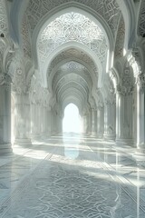 ornate white marble hallway with intricate carvings and arches