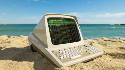 computer on a beach with data and code on screen - 801283555