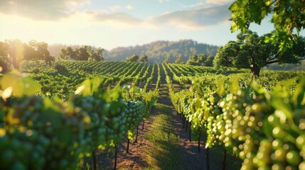 The vineyard sprawls across the landscape, its rows of grapevines basking in the sun, promising a bounty of flavorful grapes destined to become exquisite wines.