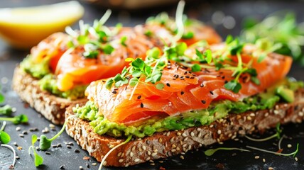 Gourmet Salmon on Avocado Toast with micro greens, dark background. Healthy natural food concept. Gourmet breakfast.  Image for menu, recipe, banner, poster.
