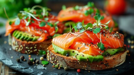 Gourmet Salmon on Avocado Toast with micro greens, dark background. Healthy natural food concept. Gourmet breakfast.  Image for menu, recipe, banner, poster.