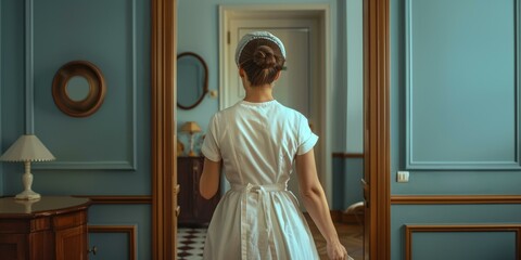 Vintage hotel maid in uniform walking away