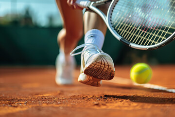 Male tennis player in action on the court on sunny day. Professional sport concept. Horizontal poster, greeting cards, headers, website. Legs of athlete near the tennis racket, ball. Playing Tennis