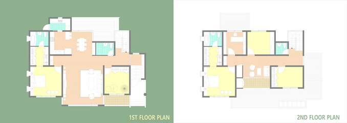 illustration of a house, 2d illustration single house plan, Flat illustration of a single-family home with a room, living room, kitchen and study