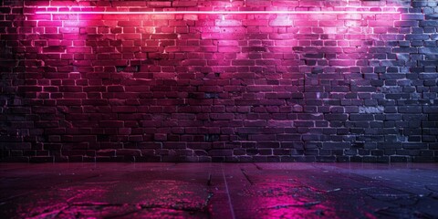 Grunge urban brick wall texture with glowing neon lights. Dark room with brickwork illuminated by bright colorful neon lights. Empty space for your text or design.