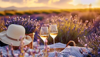  lavender fields in full bloom under the golden sunset, with two glasses of white wine and an...