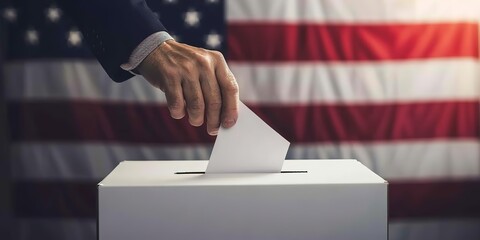 A simple yet powerful image of a hand casting a vote in a ballot box, draped with the American flag, Generative AI