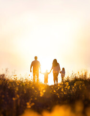Silhouette of a happy family walking peacefully along a flower path in a field at sunset, family month loving family background concept, Generative AI
