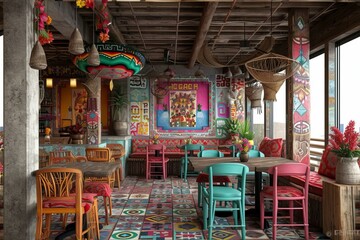 Fototapeta na wymiar vibrant and colorful mexican restaurant interior