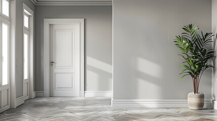 A pristine white doorframe framing the newly painted light gray walls, adding a touch of contrast and elegance to the interior