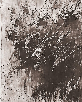 Spirits Of Azazel, Devils, Demons, Sepia Illustration Inspired By Demonology Occult Art From Old Grimoires