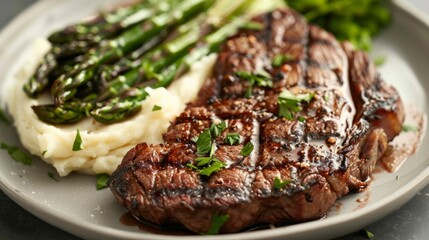 A plate of steak served with creamy mashed potatoes and grilled asparagus, offering a classic and satisfying meal option for steak lovers.