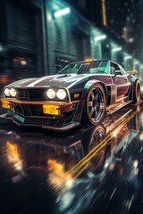 A retro futuristic car drives through a dark and rainy city street