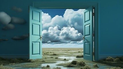 Surreal landscape with door opening to bright sky