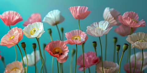 A bunch of pink and white flowers are in a field