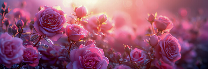 A field of pink roses with a bright sun shining on them