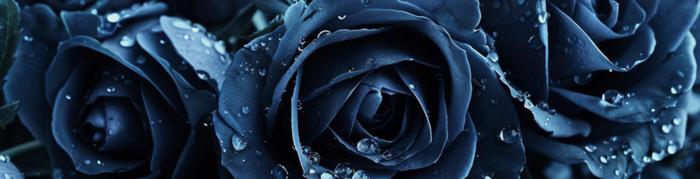 A close up of three blue roses with water droplets on them