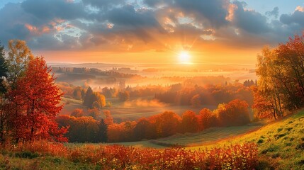 Fototapeta premium Panoramic view of a tranquil countryside at sunrise with colorful autumn foliage