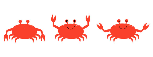 Set of cute cartoon crabs: sleeping, meditating, cheerful wakeful. Vector illustration.
