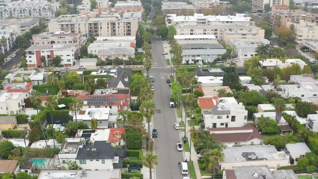 Pullback top dop down shot of Beverly Hills suburban neighborhood in California