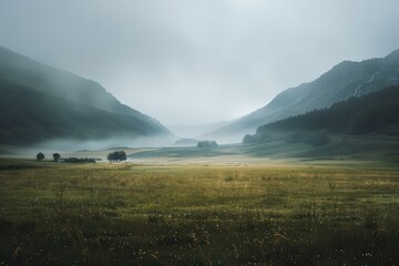 Misty Mountains and Green Field