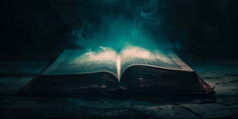 Glowing Book of Magic Spells with Green Light and Smoke