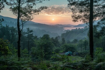 Camping in the mountains at dawn