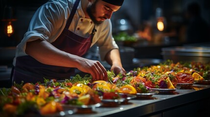 Chef carefully plating food in a commercial kitchen