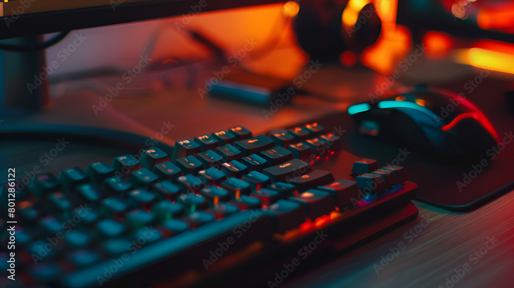 Poster Typing on  Mechanical Computer Keyboard,Close  of computer keyboard with colorful lights. Selective focus,Black keyboard with red backlight, blurry close up, focus on enter key,Typing on a keyboard


