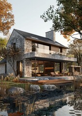 Modern stone house with large glass windows and a pool
