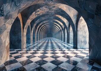 Obraz premium Long dark hallway with marble columns and checkered floor tiles