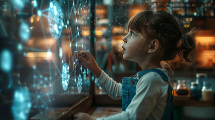 A child wearing overalls, focusing intently on a neural network diagram projected on a wall