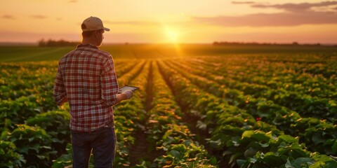 Fototapeta premium Agronomist using digital tablet in the field at sunset