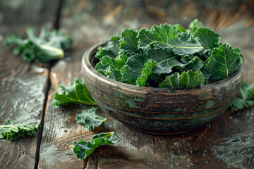 A bowl of green leaves sits on a wooden table