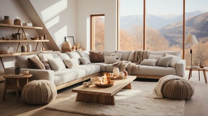 A cozy living room with a large sectional sofa, coffee table, rug, and floor-to-ceiling windows overlooking a mountain landscape.