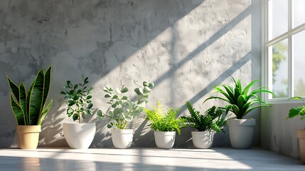 A row of potted plants lining the windowsill against the light gray walls, bringing a touch of nature and freshness indoors