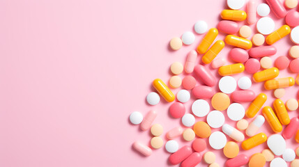 Multi-colored tablets, capsules and vitamins in a jar on a pink background.