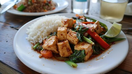 A plate of Thai basil tofu stir-fry served with a side of steamed vegetables and fragrant jasmine rice, appealing to vegetarians and meat-lovers alike.