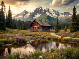Naklejka premium Large log cabin surrounded by forest, with a small pond, with snow-capped mountains in the background.