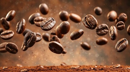 Coffee beans falling in slow motion against a brown background