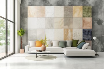 Explore our collection of modern wallpaper samples displayed in a stylish living room setting.