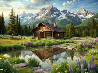 Fototapeta premium Large log cabin surrounded by forest, with a small pond, with snow-capped mountains in the background.