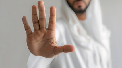 Naklejka premium Arabic man wearing a Saudi bisht and traditional white shirt, hand gesture: opening 5 fingers to the front.