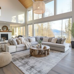 Modern living room interior with large windows and a lake view