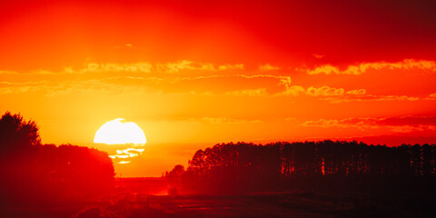 Big Sun in Vivid Beautiful Sunset Sunshine Above Summer Landscape Counrty Road And Forest. Sunset...