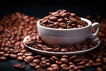 Close-up image of roasted coffee beans spilling from a white cup - obrazy, fototapety, plakaty