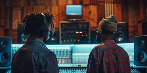 Two black men are working in a recording studio.