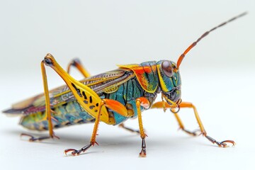 A colorful grasshopper sits on a white surface