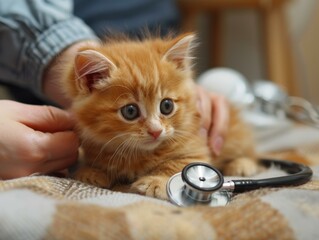 Close-up of a veterinarian examining an orange kitten
