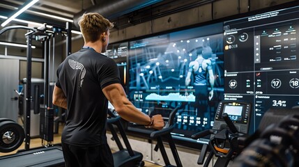 Athlete Training with Advanced Biometric Monitoring System in High-Tech Gym